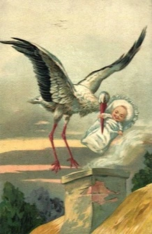 Alte Karte: Strorch bring Baby durch den Schornstein
