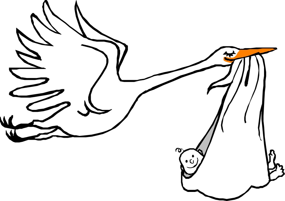Federzeichnung: Storch bringt Baby
